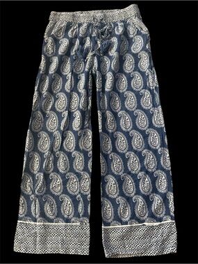 Navy Paisley Wide-Leg Sleep Pants with Drawstring